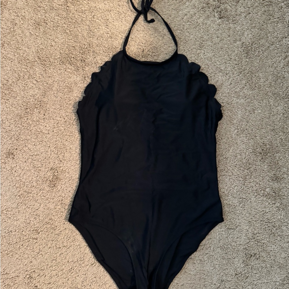 Scallop Black Halter One Piece Swimsuit Size: Large
